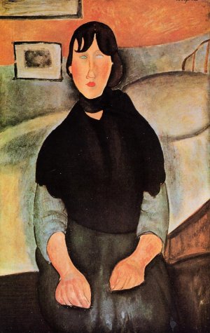 Main Product Photo of Dark Young Woman Seated by a Bed Painting by Amedeo Modigliani