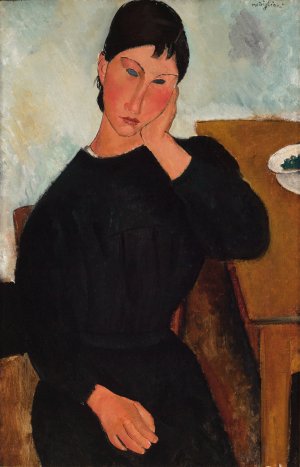 Main Product Photo of Elvira Resting at a Table Painting by Amedeo Modigliani
