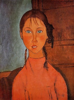 Main Product Photo of Girl with Pigtails Painting by Amedeo Modigliani