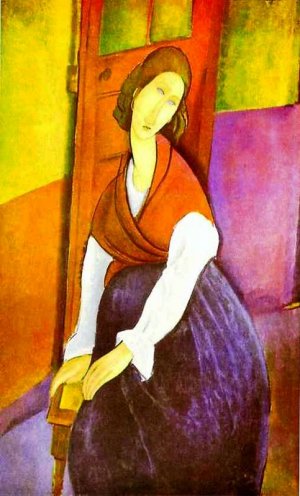 Main Product Photo of Jeanne Hebuterne, A Door in the Background Painting by Amedeo Modigliani
