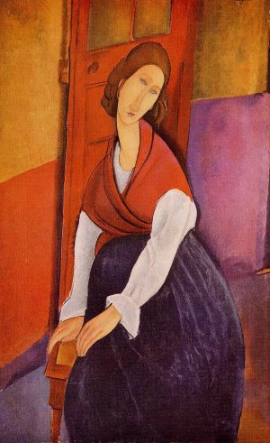 Main Product Photo of Jeanne Hebuterne also known as In Front of a Door Painting by Amedeo Modigliani