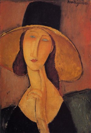 Main Product Photo of Jeanne Hebuterne in a Large Hat also known as Portrait of Woman in Hat Painting by Amedeo Modigliani