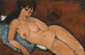 Main Product Photo of Nude on a Blue Cushion Painting by Amedeo Modigliani