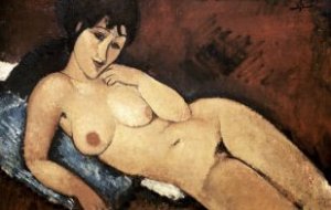 Main Product Photo of Nude on a Blue Cushion Painting by Amedeo Modigliani