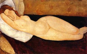 Main Product Photo of Reclining Nude, Head Resting on Right Arm Painting by Amedeo Modigliani