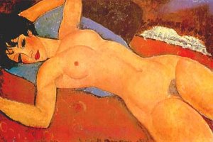 Main Product Photo of Reclining Nude on a Blue Cushion also known as Red Nude Painting by Amedeo Modigliani