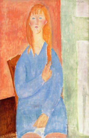 Main Product Photo of Seated Girl, Untied Hair also known as Girl in Blue Painting by Amedeo Modigliani