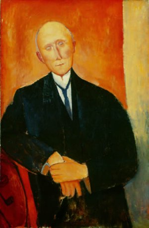 Main Product Photo of Seated Man with Orange Background Painting by Amedeo Modigliani