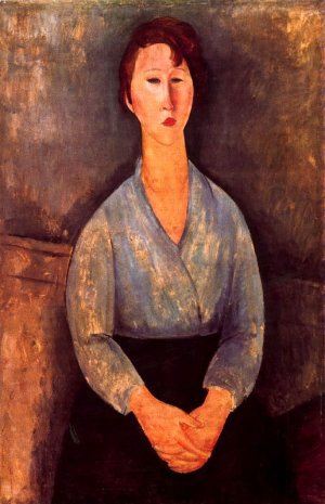 Main Product Photo of Seated Woman with Blue Blouse Painting by Amedeo Modigliani
