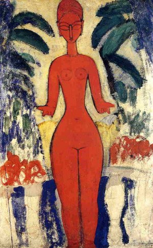 Main Product Photo of Standing Nude with Garden Background Painting by Amedeo Modigliani
