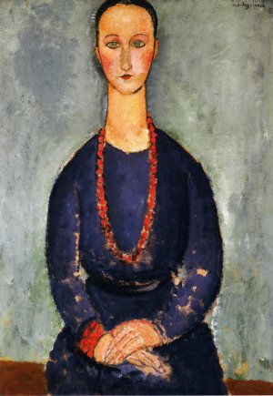 Main Product Photo of Woman in a Red Necklace Painting by Amedeo Modigliani
