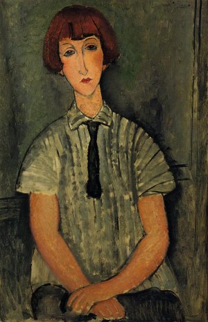 Main Product Photo of Young Girl in a Striped Blouse Painting by Amedeo Modigliani