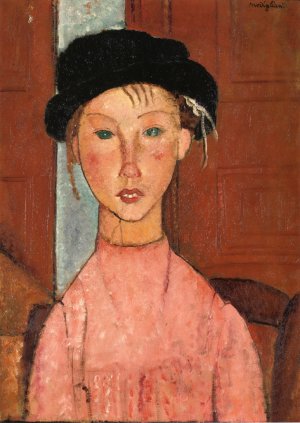 Main Product Photo of Young Girl in Beret Painting by Amedeo Modigliani
